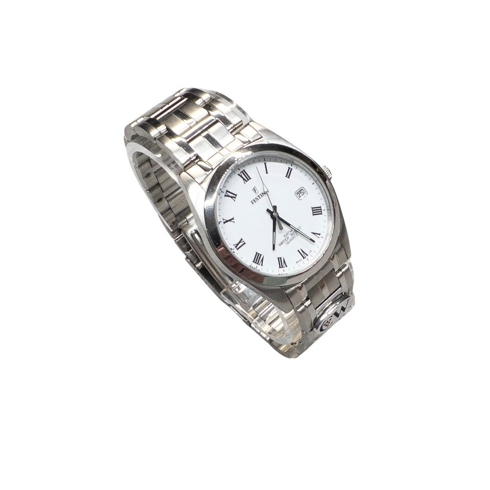 Vtg Festina F6825 Mens Watch Minimalist White Dial Silver Bracelet 35mm CW Badge